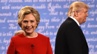 Hillary Clinton leaves the stage after the first presidential debate at Hofstra University in Hempstead, N.Y., on Sept. 26, 2016. Timothy A. Clary /AFP/Getty Images