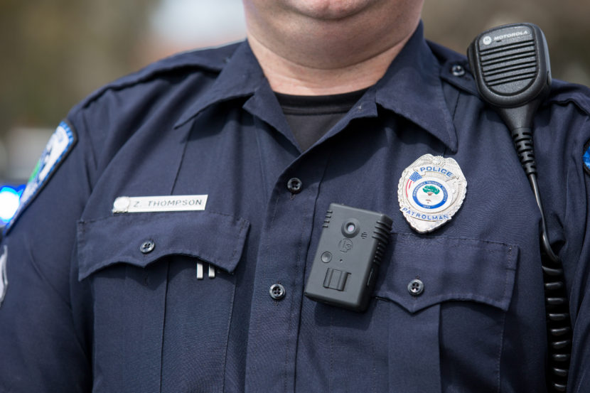 A policeman wears a body camera during St. Patrick's Day celebrations in North Charleston, South Carolina, on March 12, 2016.