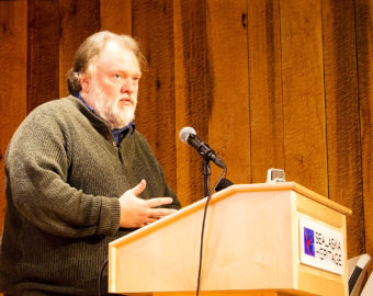 Steve Henrikson gives a presentation Thursday, Dec.1, 2016, on wearable armor worn by northern Northwest Coast Natives at the Sealaska Heritage Institute in downtown Juneau.. Henrikson is Alaska State Museum's curator of collections. (Photo by Tripp J Crouse/KTOO)