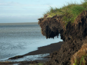 The village of Newtok has lost ground at a rate of 67 feet per year since 1954, according to a recent engineer's report. Here, the shoreline is pictured in August 2016. (Photo by Hanna Craig/Alaska Public Media)