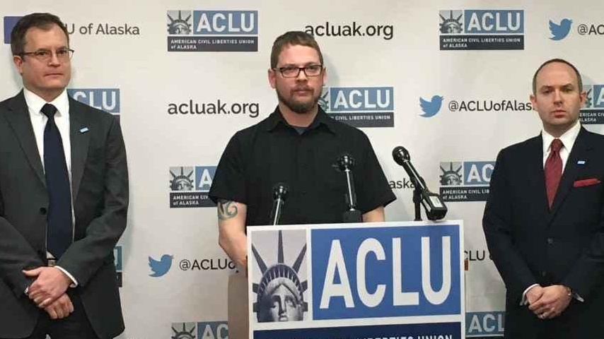 From left to right: ACLU staff attorney Eric Glatt, plaintiff Lance Hunt and ACLU of Alaska Executive Director Joshua Decker. (Photo courtesy of the ACLU of Alaska)