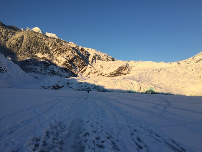 Many people hiked across Mendenhall Lake to the face of the Mendenhall Glacier in Juneau on Saturday, Dec. 12, 2016. The ice is the tends to be especially dangerous and unstable near the face of the glacier. (Photo by Elizabeth Jenkins/KTOO)