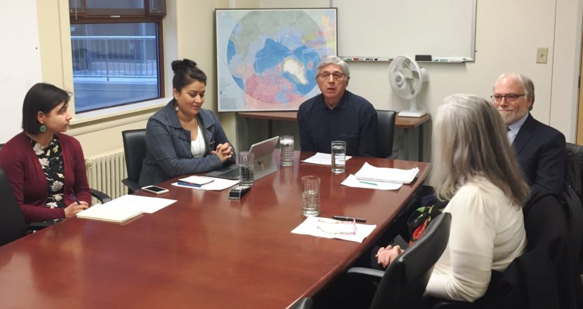 Lt. Gov. Byron Mallott opens the first teleconferenced meeting of a bilateral working group on transboundary mines Dec. 16. Shown are, from the left, Meghan Topkok, First Alaskans Institute; Barbara Blake, senior advisor to Mallott; Mallott; and David Rogers and Jackie Timothy, Department of Fish and Game. (Photo courtesy Governor’s Office.)