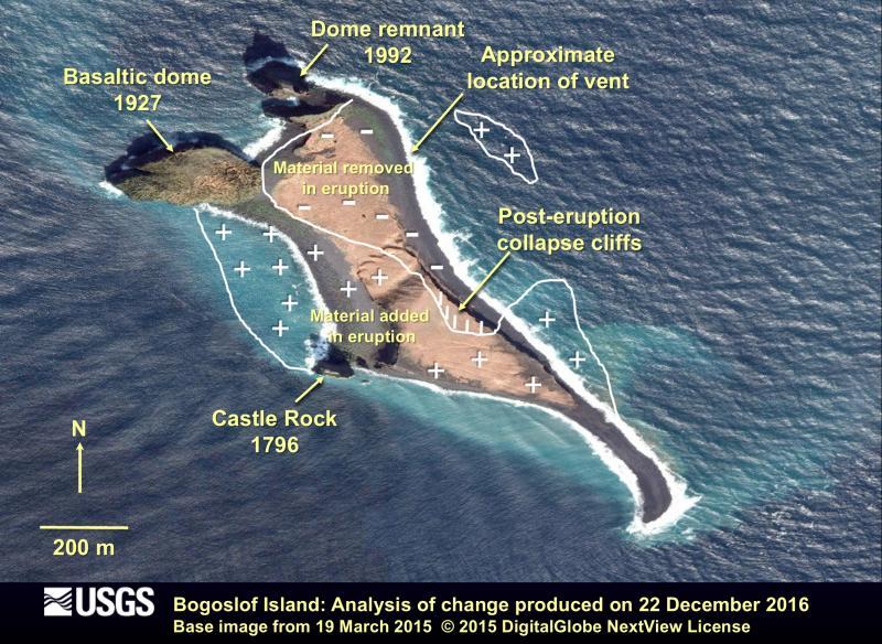 Recent eruptions have changed Bogoslof Island. (Photo by Bill Burton and Dave Schneider/ Alaska Volcano Observatory/U.S. Geological Survey) SCHNEIDER, AVO/USGS