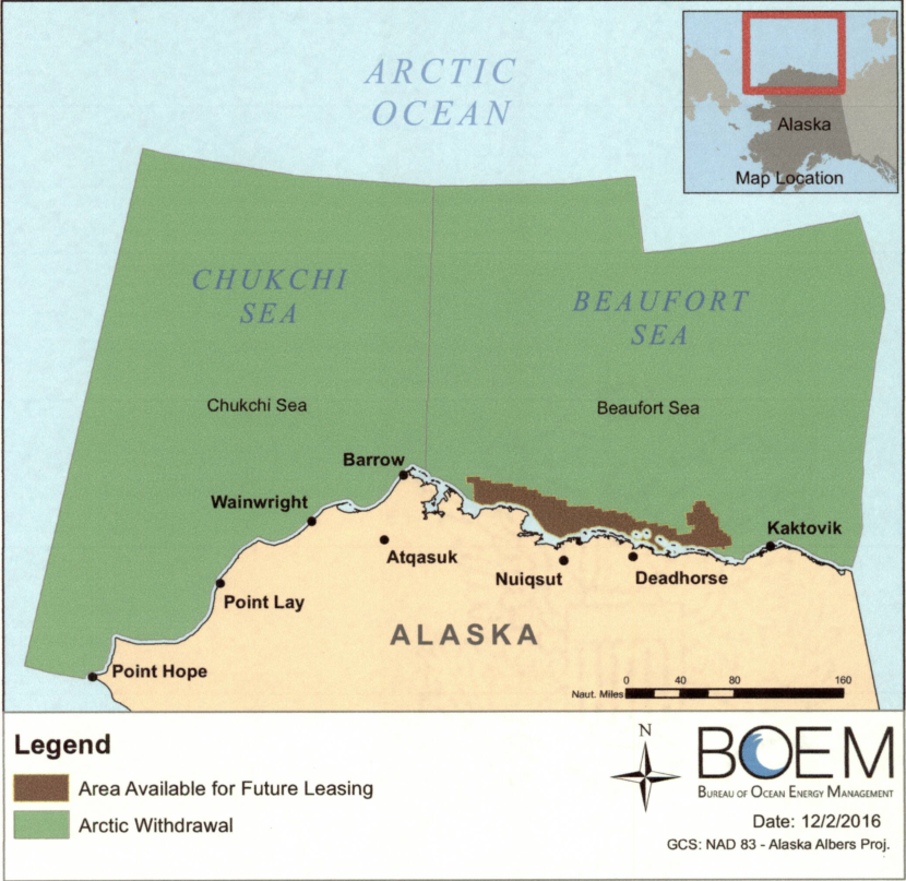 Outgoing President Barack Obama ordered a withdrawal from Arctic offshore oil and gas leasing in the Beaufort and Chukchi seas on Dec. 20, 2016. (Graphic courtesy Bureau of Ocean Energy Management)