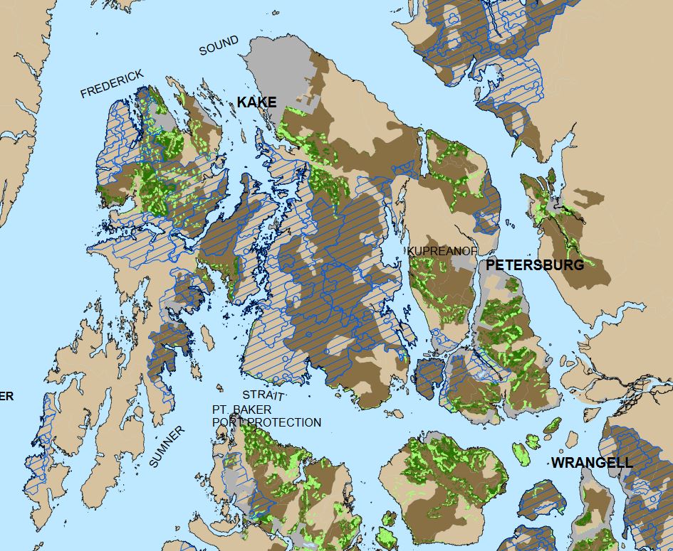 Timber production suitable lands are in green, dark green for old growth and light green for young growth, while conservation areas are shaded in blue. (Map courtesy of U.S. Forest Service)