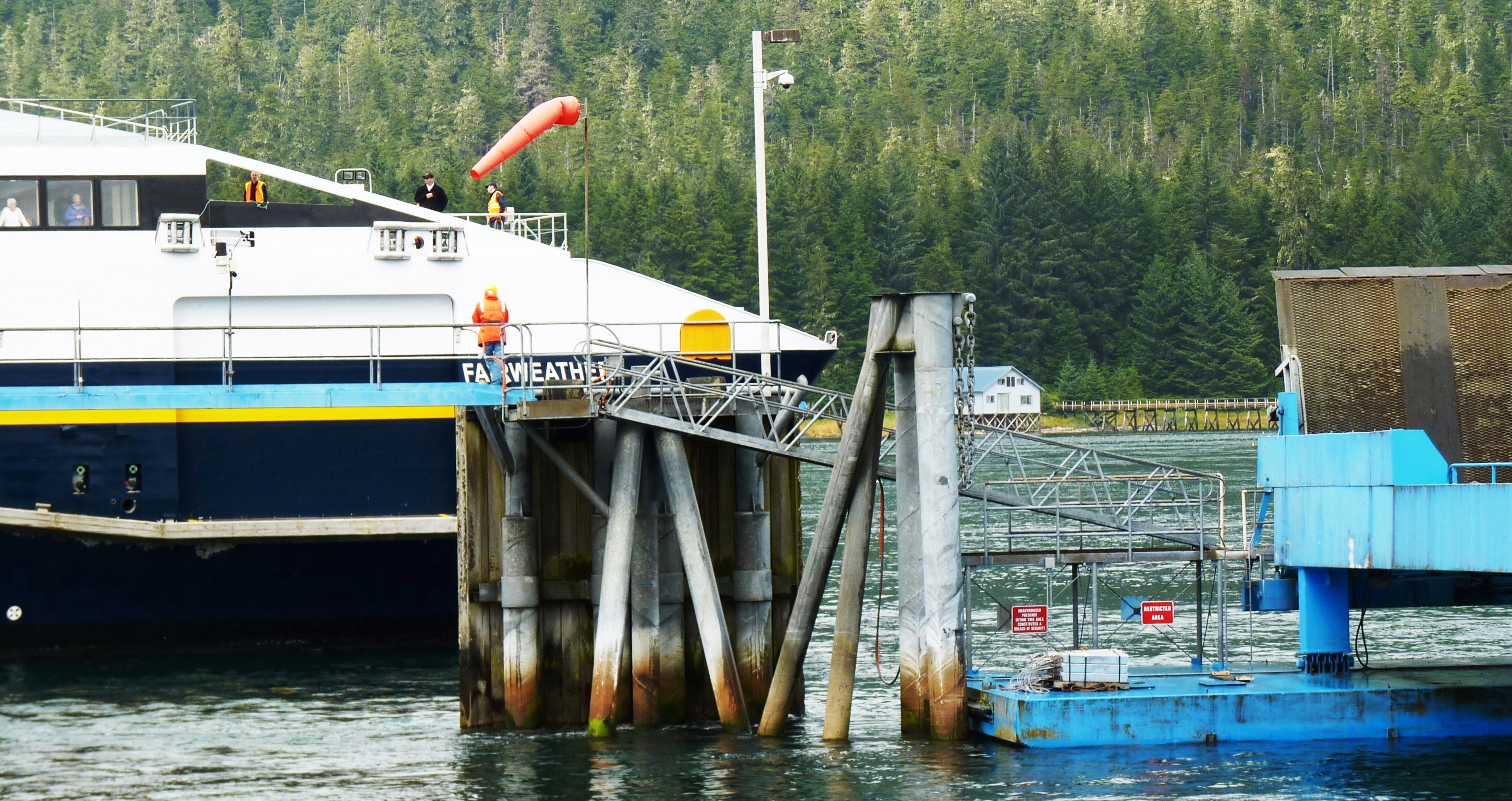 The fast ferry Fairweather docks in Petersburg Aug. 20, 2013, after a trip from Juneau. Budget cuts eliminated that route. (Photo by Ed Schoenfeld/CoastAlaska News)
