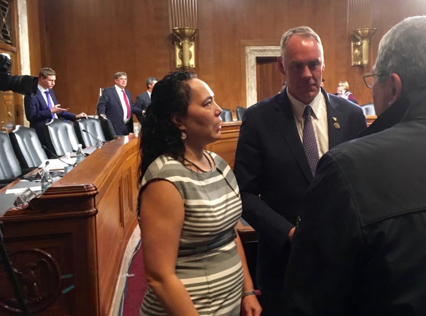 Rep. Ryan Zinke, the nominee for Interior Secretary, greets well-wishers during a break in his Senate hearing. (Photo by Liz Ruskin/Alaska Public Media)