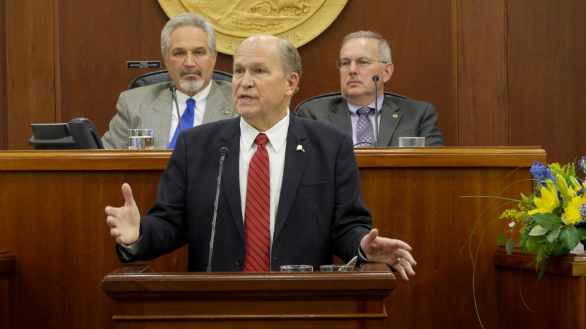 Gov. Bill Walker delivers his State of the State address to the Alaska Legislature, January 18, 2017. Behind him, left to right, are Senate President Pete Kelly (R-Fairbanks) and Bryce Edgmon (D-Dillingham), Speaker of the House.