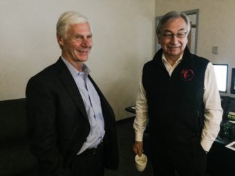 Reed Stoops and Willie Hensley wait in the control room at KTOO before a forum on John McPhee's book, "Coming into the Country," on Tuesday, Jan. 24, 2017, in Juneau, Alaska. (Photo by Rashah McChesney/Alaska's Energy Desk)