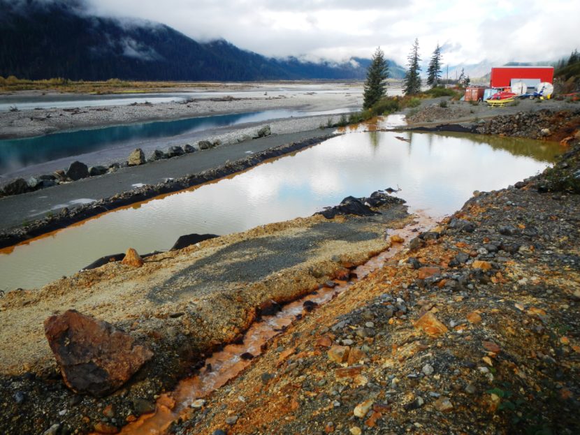 A Tulsequah Chief Mine settling pond overflows at the site about 40 miles northeast of Juneau Sept. 26, 2016. (Photo Courtesy of British Columbia Ministry of Energy and Mines)