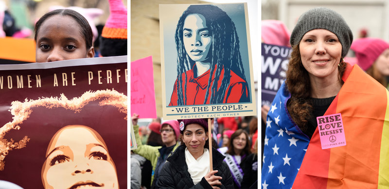 (Left to right) Nadia da Rosa, 15, from Providence, R.I.; Anna Maria Evans from Durham, N.C.; and Nicole Monceaux from New York City attend the Women's March on Washington in D.C. Sait Serkan Gurbuz/AP