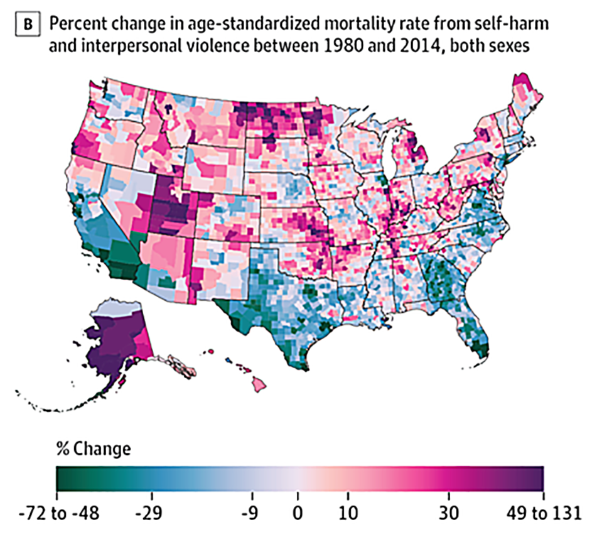 A graph showing the age standardized mortality rate from self-harm and interpersonal violence for both sexes in 2014 from a University of Washington study. The study showed the rate of suicide and homicide in Alaska's Kusilvak Census Area more than doubled between 1980 and 2014; a 130 percent increase and the highest rate in the nation. (Graphic by Institute for Health Metrics and Evaluation at the University of Washington)