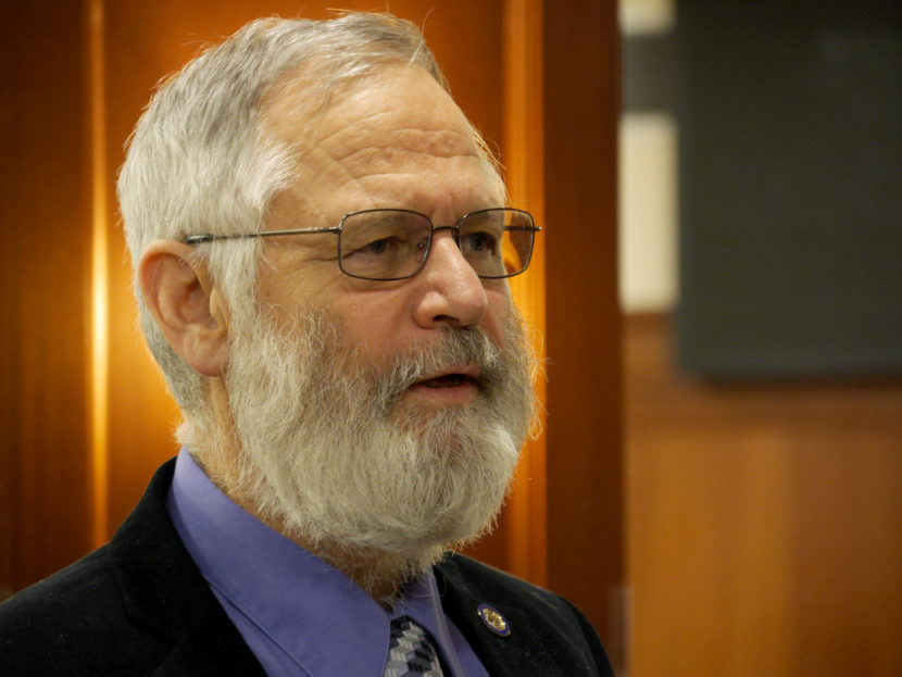 Rep. Paul Seaton, co-chair, House Finance Committee, discusses HB 115 with Alaska Public Media and KTOO reporter Andrew Kitchenman following the House floor session on Feb. 10, 2017. The bill creates a state income tax, draws money from the Permanent Fund for the state budget and introduces a new formula for setting the amount of the Permanent Fund dividend. (Photo by Skip Gray/360 North)