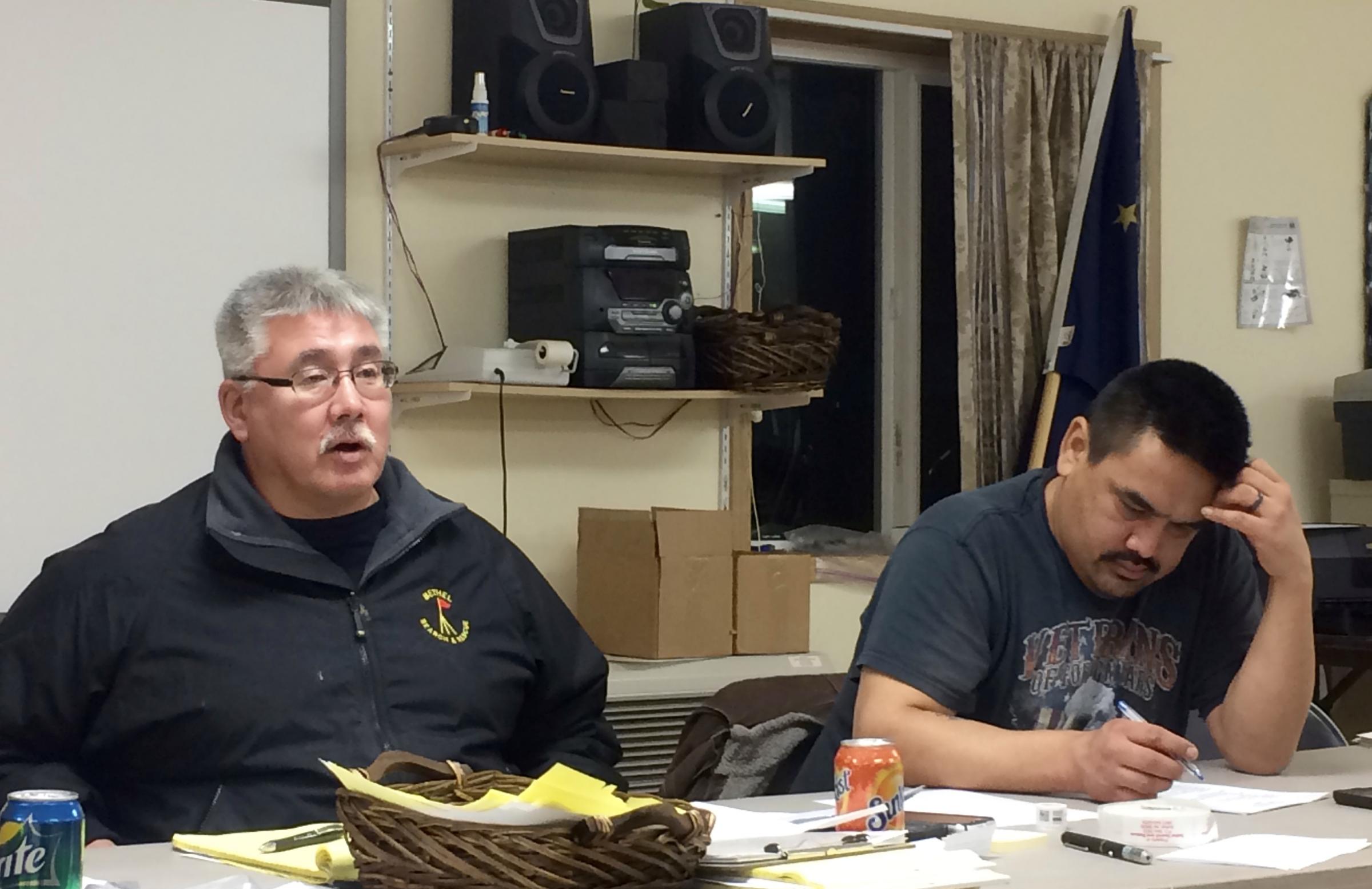Bethel Search and Rescue President Mike Riley and Vice President Fritz Charles address BSAR members at a regular meeting on Feb. 2, 2017. (Photo by Anna Rose MacArthur/KYUK)