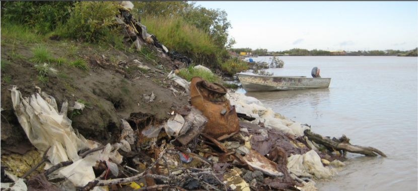 "Legacy waste" dumped years ago in pits near remote villages can be exposed when rivers meander and erode their way into the primitive landfills.