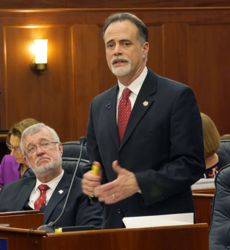 Sen. Peter Micciche, R-Soldotna, during Senate debate on SB 26, a bill that seeks to draw money from the Alaska Permanent Fund to fund the state government’s budget. The legislation would also cap the amount of Permanent Fund Dividends, as well as the overall amount the state can spend. The bill passed 12-8. (Photo by Skip Gray/360 North)