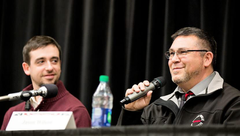 Jason Williams, Central Council of Tlingit and Haida Indian Tribes of Alaska public safety managers, discusses criminal justice reform as legislative aide Jordan Shilling listens during a Native Issues Forum Thursday at Juneau's Elizabeth Peratrovich Hall. (Photo courtesy CCTHITA)
