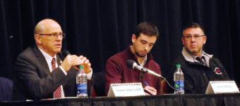 Sen. John Coghill, left, aide Jordan Shilling, middle and Tlingit-Haida Central Council's Jason Wilson, discuss criminal justice changes during a Native Issues Thursday in Juneau. (Photo by Ed Schoenfeld/CoastAlaska News)