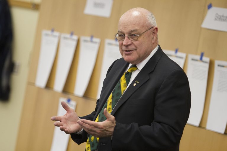 University of Alaska Anchorage Chancellor Tom Case addresses faculty and staff at a recent UAA 2020 gathering. (Photo by Philip Hall /University of Alaska Anchorage)