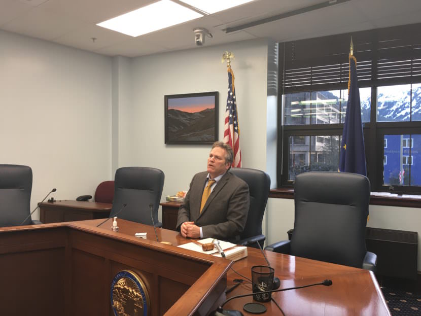 Sen. Mike Dunleavy (R-Wasilla) answered reporters questions after leaving the Senate majority in order to vote against the budget. (Photo by Andrew Kitchenman/KTOO/Alaska Public Media)