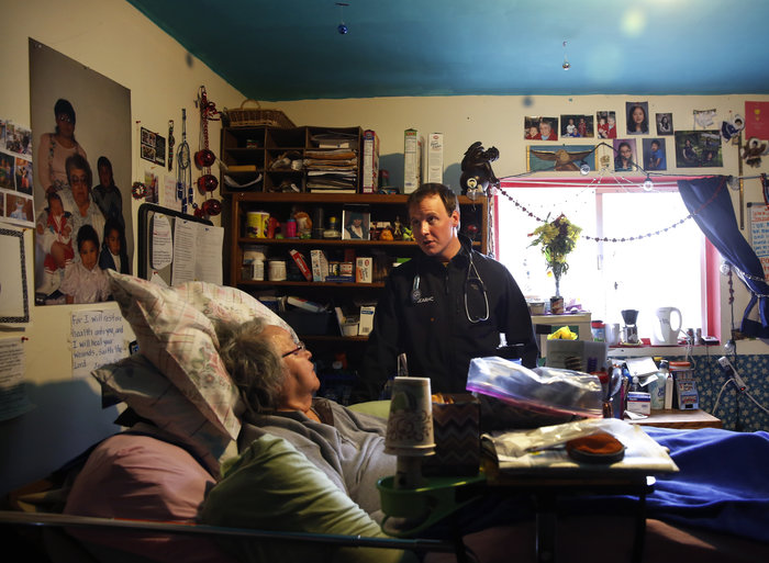McMahan pays a house call on a Tlingit elder named Evelyn Hotch, who is bedridden after a stroke.