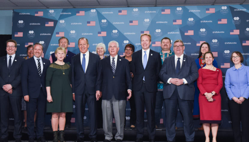 Ministers of the eight Arctic Council member states as well as the Permanent Participant heads of delegation pose for a photo at the 10th Ministerial Meeting of the Arctic Council in Fairbanks, May 11, 2017.