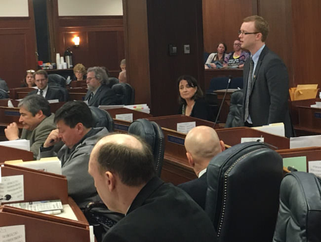 Rep. David Eastman, R-Wasilla, speaks Wednesday, May 10, 2017, during the floor session before being censured. Eastman had said some Alaska women are glad to become pregnant to receive Medicaid-funded travel to have abortions.