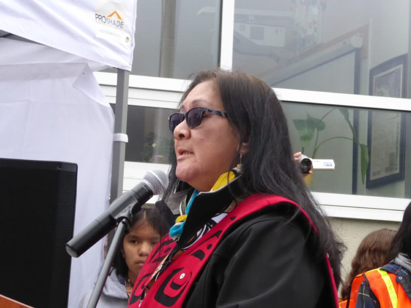 Andrea Cadiente -- Laiti speaks at the totem pole raising ceremony on Saturday.