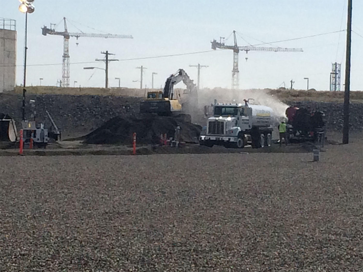 Workers at Hanford began filling a collapsed section of a rail car tunnel near the PUREX Plant on Wednesday morning. (Photo courtesy U.S. Department of Energy)