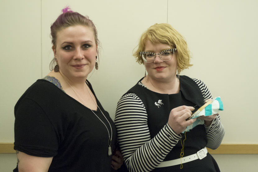 Juneau artists Lauralye Miko and Melissa Griffiths will showcase their work at the Persisters art show happening Friday, May 5, 2017 at the Rockwell back room. (Photo by Annie Bartholomew/KTOO)