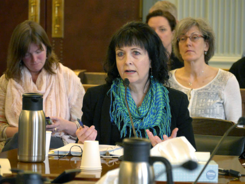 Sen. Shelley Hughes, R-Anchorage, describes education legislation to the Senate Finance Committee, April 6, 2017. Hughes left the Senate majority caucus over the budget. (Photo by Skip Gray/360 North)