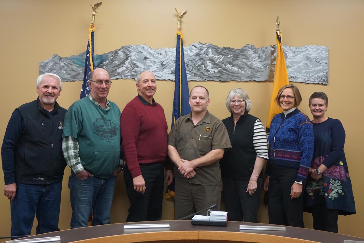 Council Members Tom Stroozas, David Lewis, Mayor Bryan Zak, Heath Smith, Shelly Erickson, Donna Aderhold and Catriona Reynolds. (Photo courtesy City of Homer)