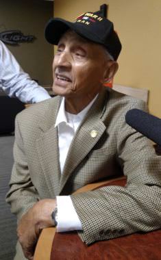 Leonard Larkins says most of his memories from the eight months he spent helping build the Alaska Highway involve clouds of mosquitos, miles of mud and "The cold ... that was the biggest thing, the cold weather." (Photo by Tim Ellis/KUAC)