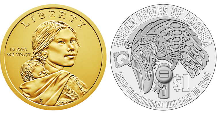 The 2020 Sacagawea dollar coin design will feature one of two designs on the "tails" or reverse side: A raven unlocking a door (pictured above) or a picture of Elizabeth Peratrovich featuring her Tlingit Raven clan moiety. (Image courtesy U.S. Mint)