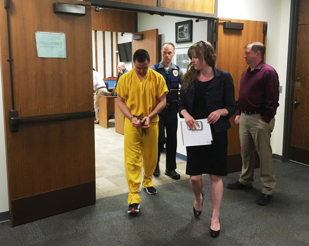 Jordan Joplin leaves the courtroom in the Ketchikan State Building after he pleaded not guilty to first- and second-degree murder. (Photo by Leila Kheiry/KRBD)