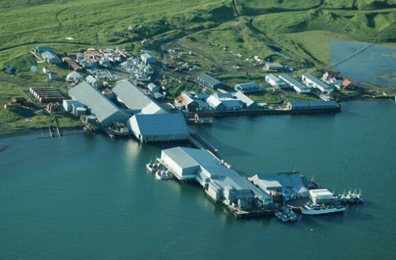The Peter Pan Seafoods processing plant in Port Moller, which suffered heavy damage during a fire that continued to burn into Wednesday, Aug. 16. (Photo courtesy of Peter Pan Seafoods)