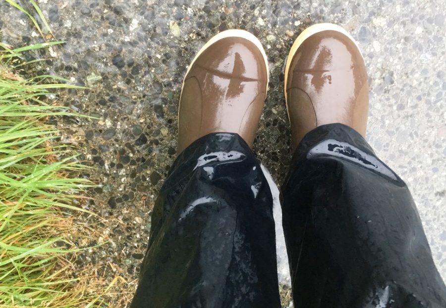 Rain gear proved useful Wednesday morning, when Ketchikan easily broke the previous record for summertime rainfall. The record was broken at 7 a.m., with 44.2 inches falling since June 1st. And it’s not stopping. (Photo by Leila Kheiry/KRBD)