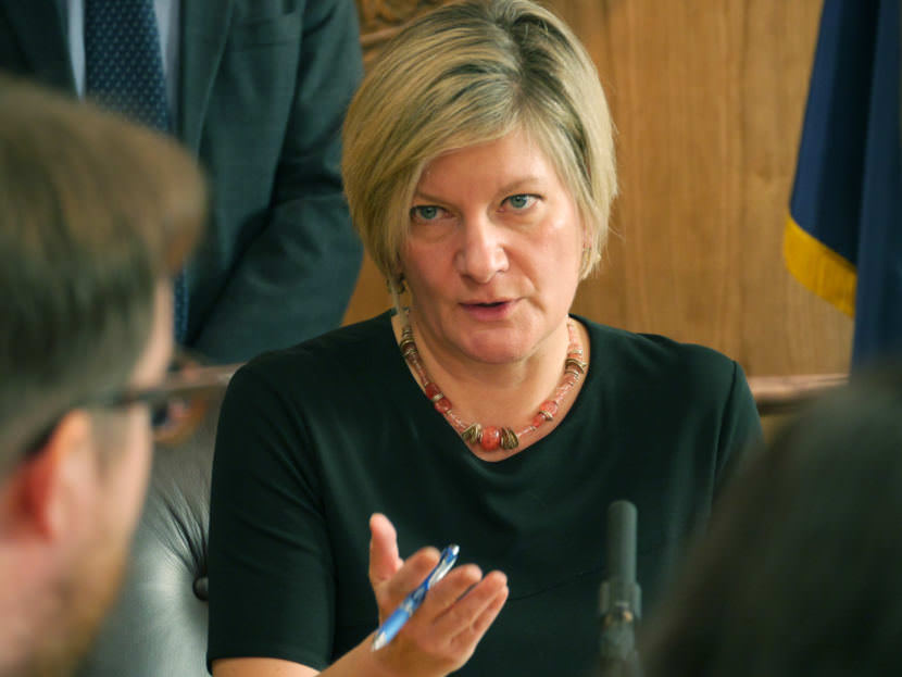 Alaska Attorney General Jahna Lindemuth discusses a lawsuit the state is filing against Purdue Pharma in the state Capitol on Oct. 31, 2017. Purdue makes the prescription pain pill OxyContin. (Photo by SKip Gray/360 North)