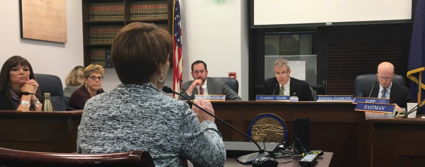 Rep. Charisse Millett, R-Anchorage; Rep. Gabrielle LeDoux, R-Anchorage; Rep. Zach Fansler, D-Bethel; Rep. Matt Claman, D-Anchorage; and Rep. Jonathan Kreiss-Tomkins, D-Sitka, listen to testimony on Senate Bill 54 on Tuesday, Oct. 24, 2017. (Photo by Andrew Kitchenman/KTOO)