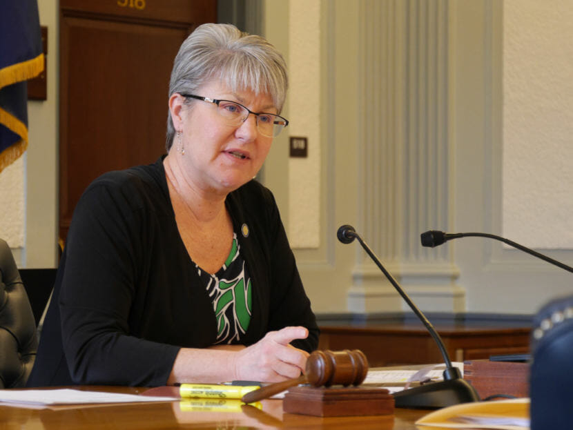 Sen. Anna Mackinnon, R-Eagle River, chairs the Senate Finance Committee in the Alaska Capitol, April 25, 2018. (Photo by Skip Gray/360 North)