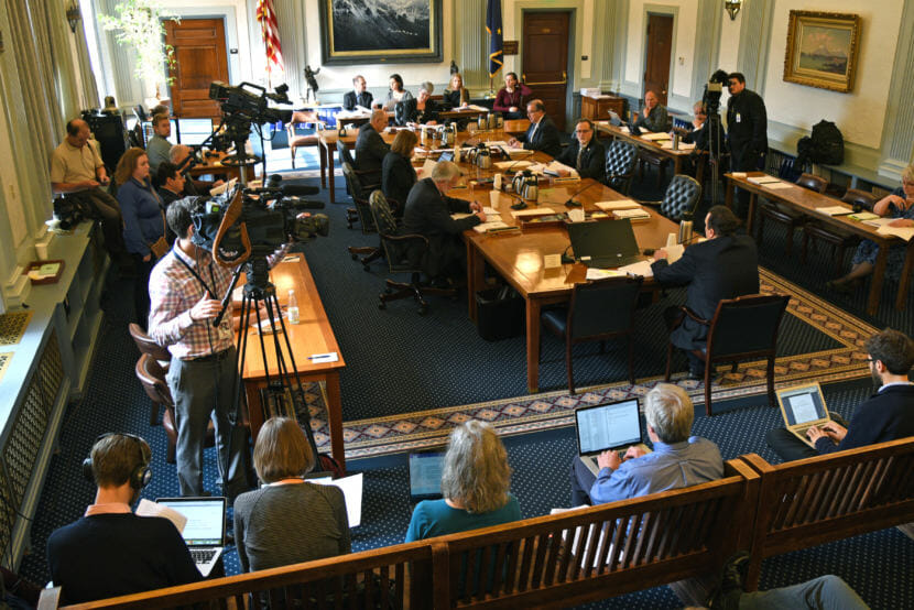 The Senate Finance Committee works on passing state operating budget bills April 5, 2018, in the Alaska State Capitol with several TV cameras and a row or journalists present. (Photo by Skip Gray/360 North)