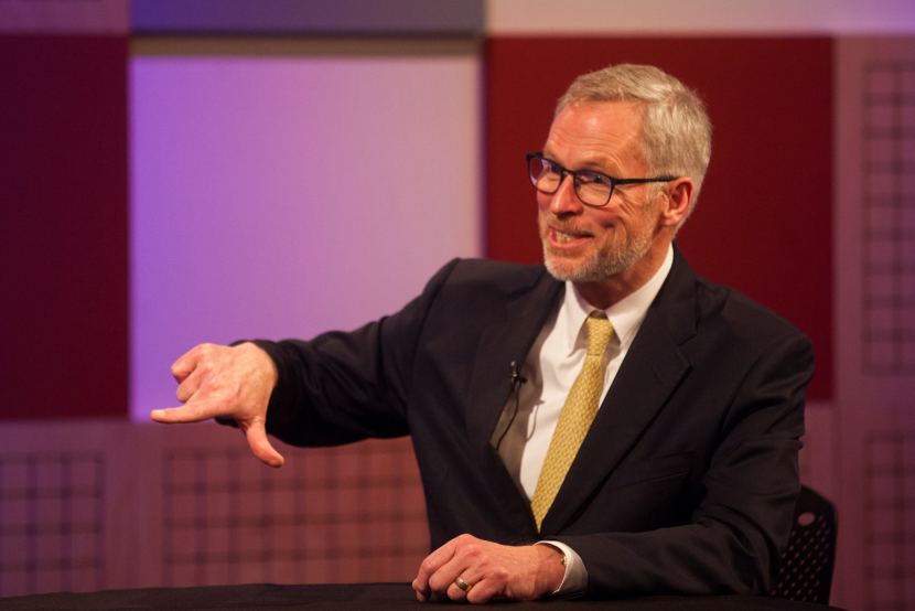 University of Alaska President Jim Johnsen talks about the spread of the university's campuses @360 in Juneau on on April 3, 2018.