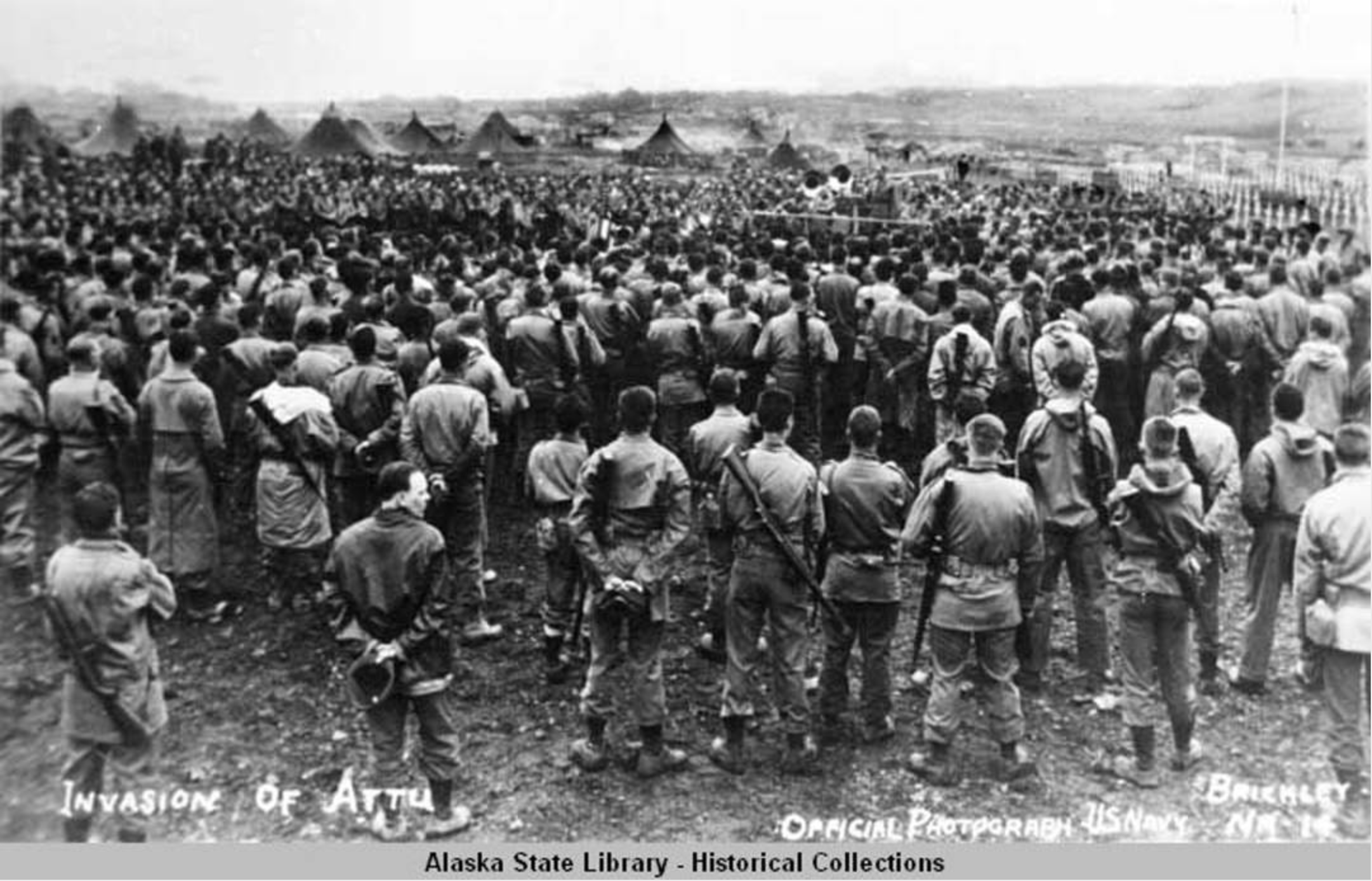 Because the Japanese had the advantage of time, the Americans attacked with quadruple the force — more than 12,000 soldiers. (Alaska State Library, Aleutian/Pribilof Project Collection, ASL-P233-V111)