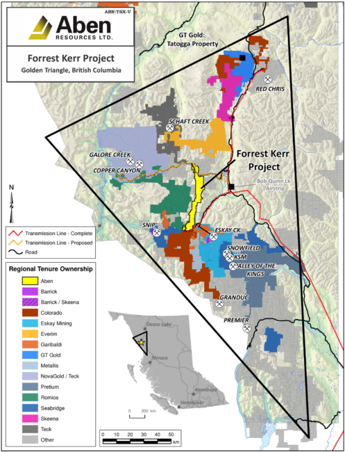 About a dozen mines or exploration projects are in what's called the Golden Triangle in west-central British Columbia. Some are new, while others are old mines under exploration as the price of gold roses. (Map courtesy Aben Resources and its Forrest Kerr project)