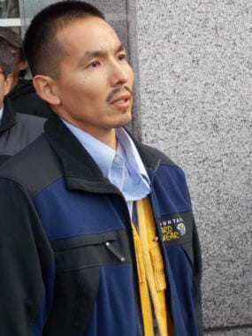 One of the Fairbanks Four, Marvin Roberts outside the Fairbanks court house in 2015. (Photo by Dan Bross/KUAC)