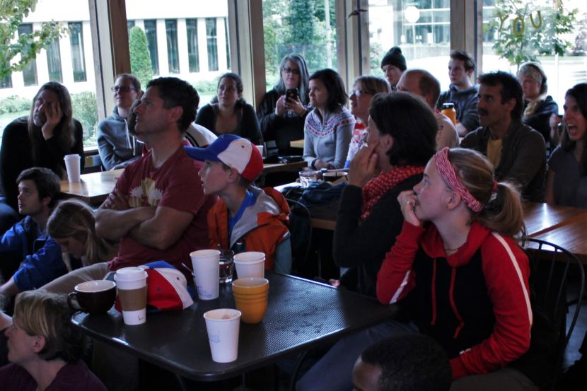 Soccer fans watch the World Cup final in Coppa on Sunday, July 15, 2018. (Photo by Adelyn Baxter/KTOO)