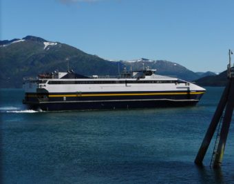 The fast ferry Chenega pulling into Whittier. Photo by Ed Schoenfeld.