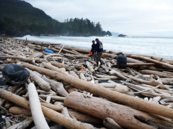 NOAA Marine Debris Program Deputy Director Jason Rolfe and contractor Marty Myers take note of marine debris as they walk along a beach on the south side of Noyes Island, east of Cape Addington.