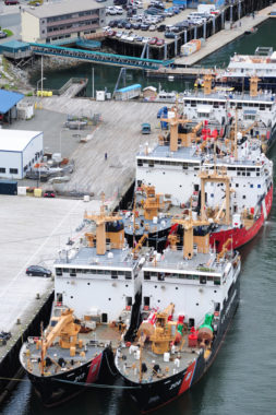 Six buoy tenders and their crews gather at Coast Guard Station Juneau for the annual buoy tender roundup July 16, 2012. The cutters, from throughout Alaska, British Columbia and Washington, attend the roundup for consolidated training, to exchange ideas and promote camaraderie. U.S. Coast Guard photo by Petty Officer 3rd Class Grant DeVuyst.